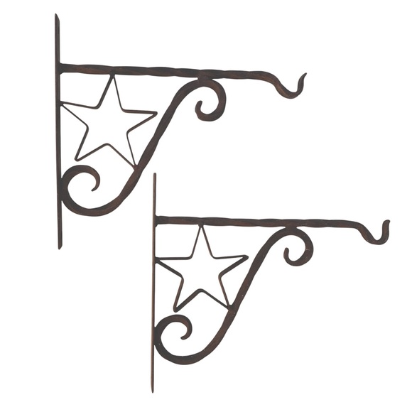 Rustic Blacksmith Hand Forged Brown Metal Star Plant Hangers / Wall Brackets